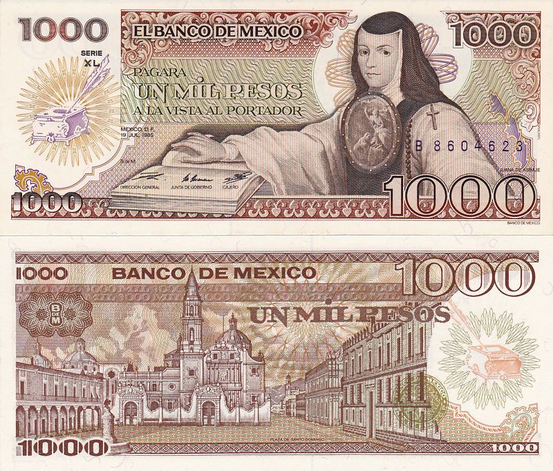 Mexico $ 1,000 Pesos Juana Jul 19, 1985 UNC B8604623.  