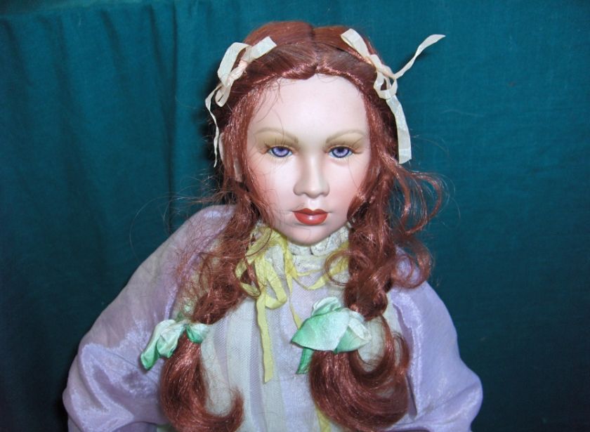   Porcelain Fine Arts Doll Isabella Auburn Hair Lavender Yellow Stand