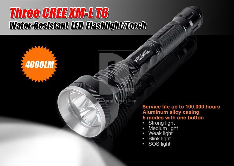 4000Lm 3x CREE XM L XML T6 LED Flashlight Torch +18650+Charger+adapter 