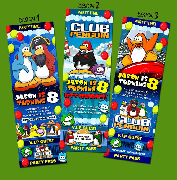 CLUB PENGUIN PUFFLES BIRTHDAY PARTY INVITATION TICKET 1ST CUSTOM 