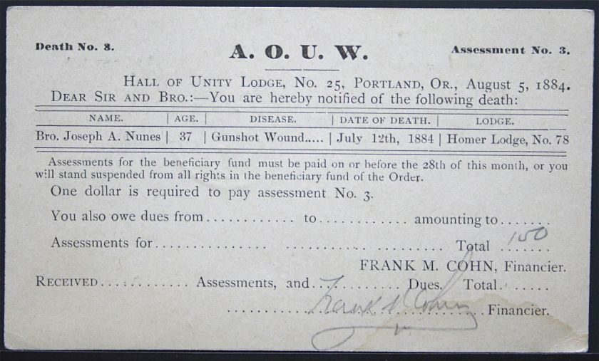 Postal C   Notice of Death by Gunshot Wound 1884 S2423  