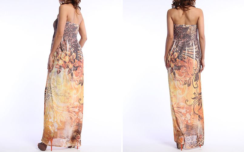 MOGAN Sublimation Floral Print Chiffon Smocked Tube Strapless Maxi 