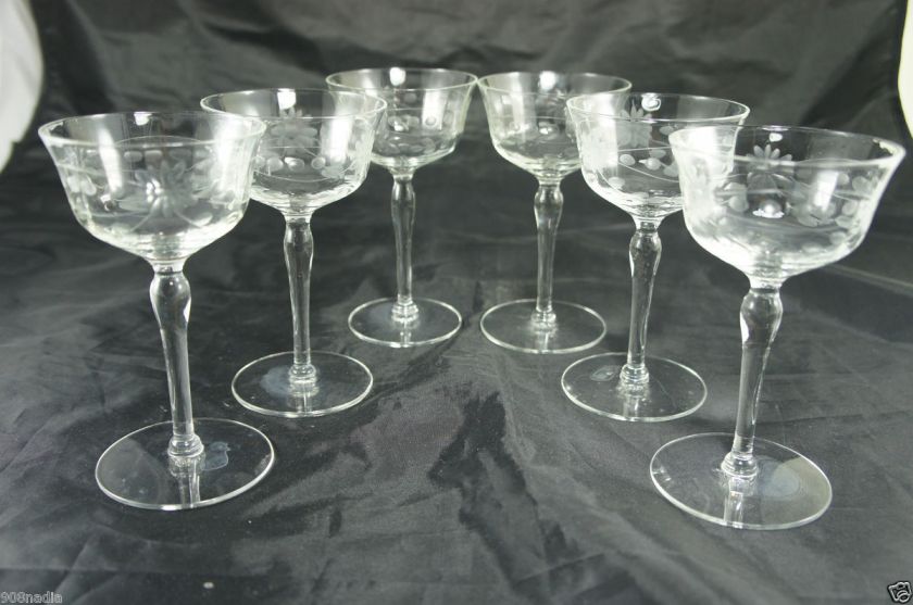 VINTAGE WNE LIQUER SHERRY GLASSES FLOWER ETCHED SET OF 6  