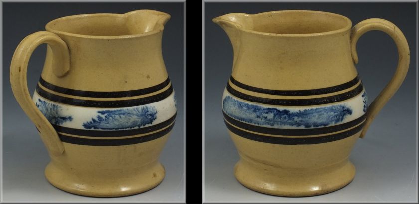 19th Century Mochaware Mocha Ware Pitcher w/ Blue Seaweed Designs 