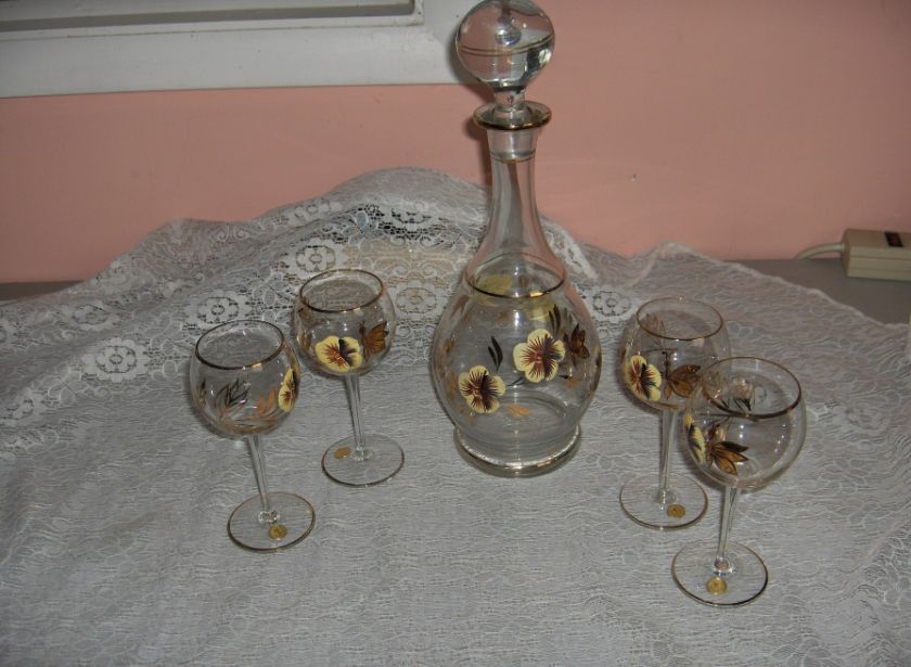 Vintage Bohemian 6 Pc Crystal Wine Decanter Art Glass Pansys Bees 