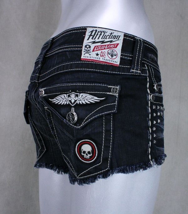 AFFLICTION womens VIKKI sportster flap JOURNEY denim shorts patches 