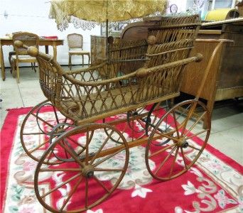 ANTIQUE, VICTORIAN CANE/WICKER BABY BUGGY PRAM W/PARASOL  