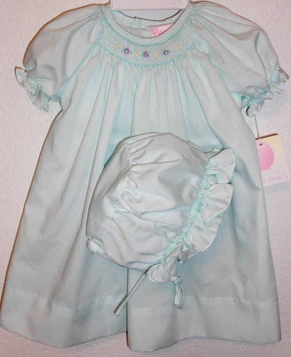 NWT Petit Ami 2 PC Mint Smocked Daygown/Bonnet PREEMIE  