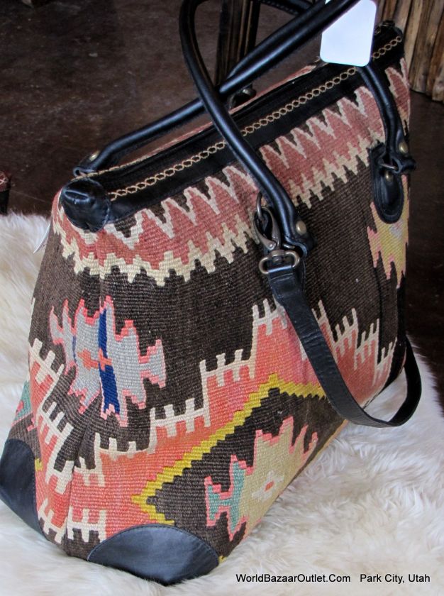 Unique Travel Bag Made w Leather Antique Kilim Turkish  