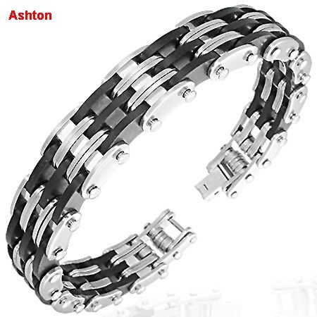 Mens Stainless Steel Bracelet Genuine 316L Bangle Chain Black Rubber 