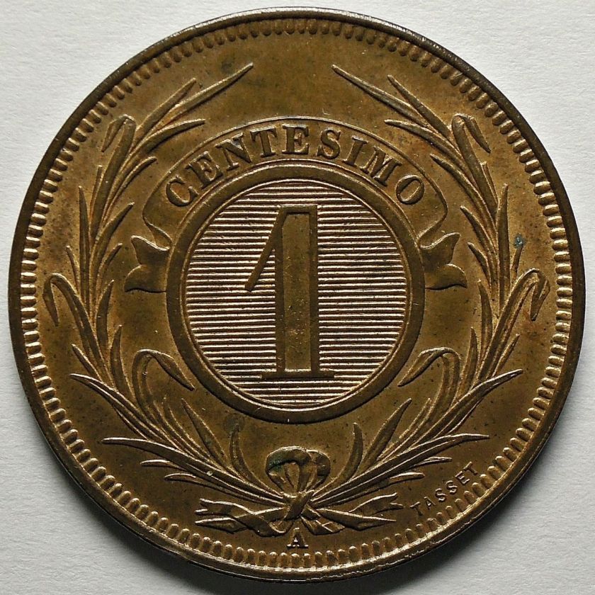 URUGUAY 1 CENTESIMO 1869 A KM# 11 BU RED & BROWN ★SPLENDID★  