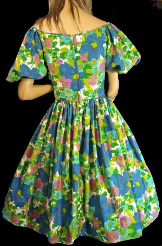 VTG 50s BOMBSHELL TROPICAL HAWAIIAN FLORAL PARTY DRESS  