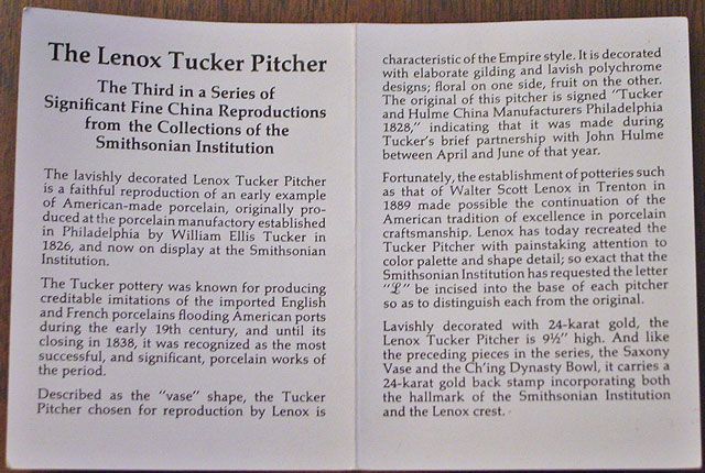 LENOX SMITHSONIAN INSTITUTE 1828 TUCKER PITCHER LIMITED EDITION NEW 