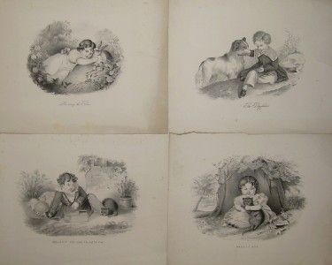 Set of 4 Antique Victorian Nursery Art Lithograph Prints Children Cat 