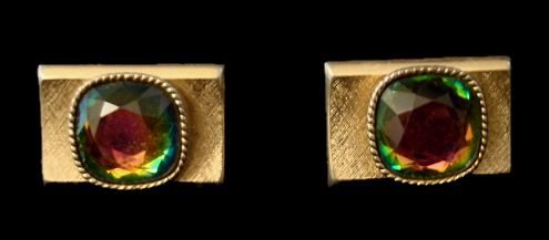 Vintage Cufflinks Swank Aurora Borealis Stone 1950’S Green Faceted 