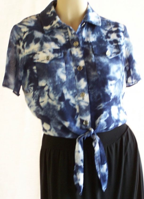 NAVY WHITE UNIQUE BATIK PRINT SHEER CROP TIE TOP 6 SM  