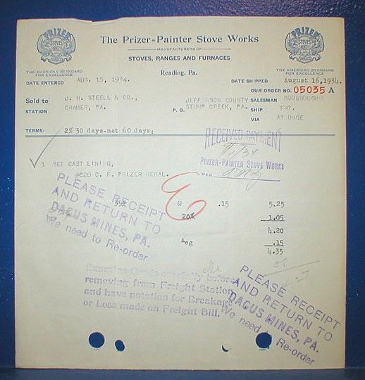 READING, PA / 1934 Invoice / Prizer Painter Stove Works  