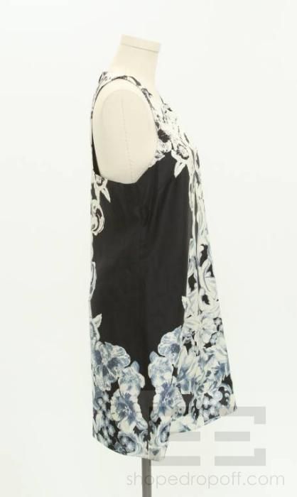 Tibi Black, White, & Blue Silk Floral Print Sleeveless Dress Size 10 
