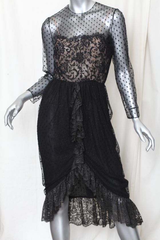 BILL BLASS *VINTAGE* Black SILK+Floral & Dotted LACE Cocktail Ruffle 