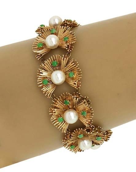 VINTAGE 14K GOLD, GREEN JADE & PEARLS LADIES BRACELET  