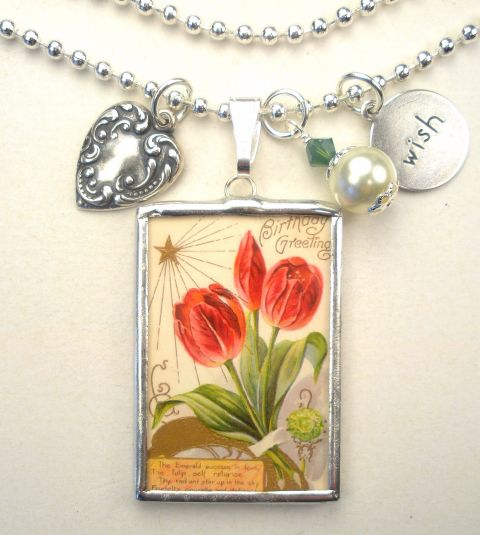 MAY BIRTHDAY TULIP EMERALD VINTAGE POSTCARD NECKLACE  