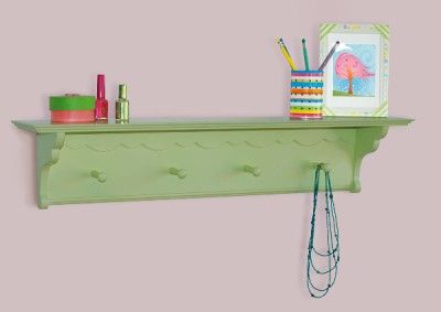 GREEN scalloped Wood Wall Shelf w/4 Pegs Kids Teens NEW  