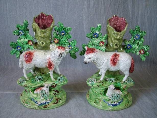 Pair Walton Staffordshire sheep & lamb spill vases  