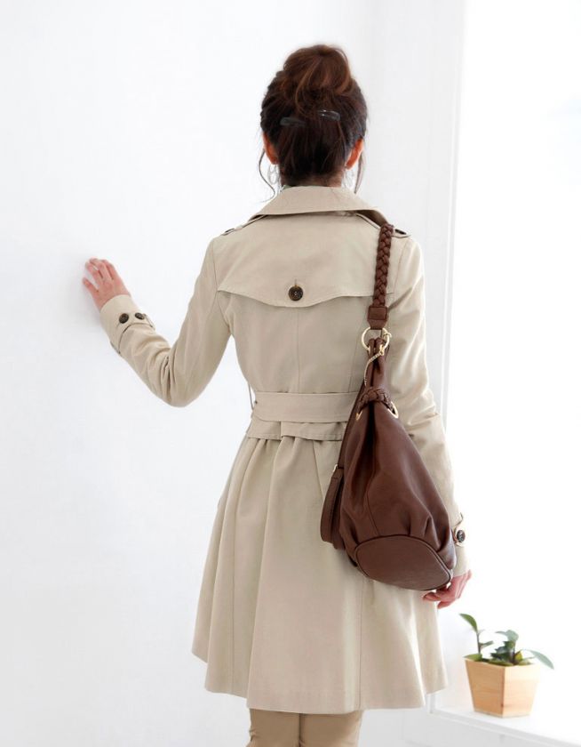 CHIC DOUBLE BREASTED COAT LAPEL TRENCH BELTED BEIGE S RY00024  