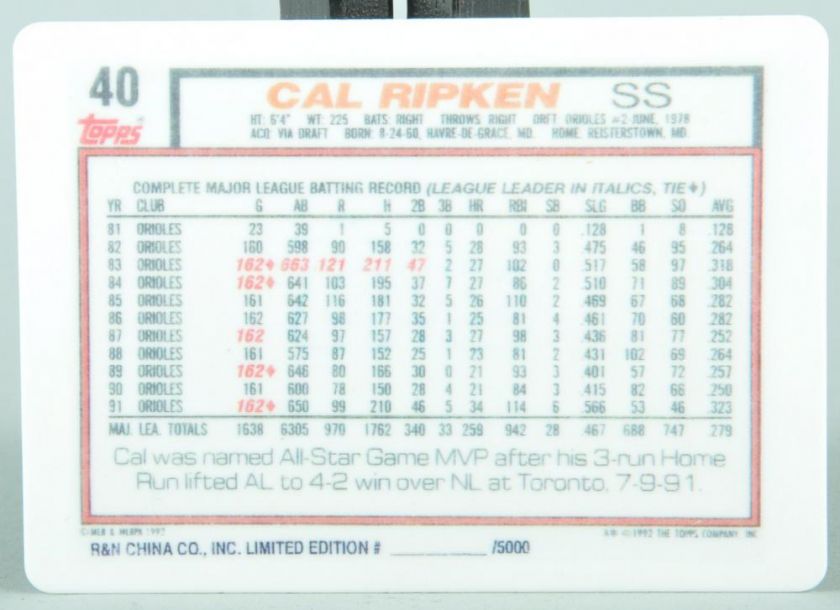 92 Topps CAL RIPKEN JR LE Porcelain Reprint  