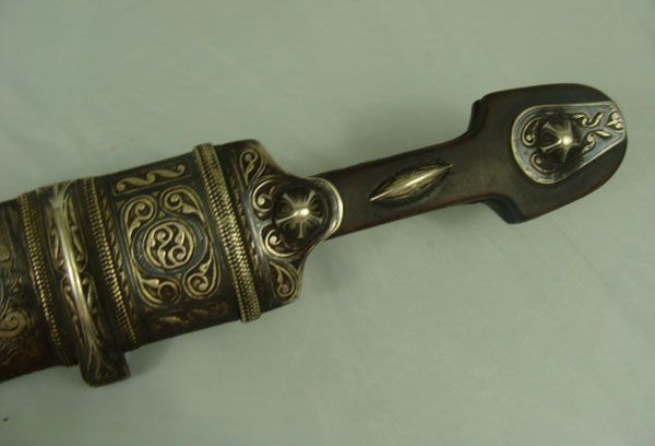 19th C Russian Caucasian Kindjal Dagger, Silver Mounts  