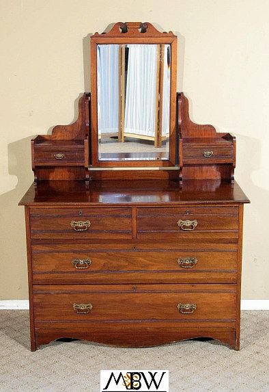 Antique English Walnut 6 Drawer Vanity Chest Dresser w/ Mirror