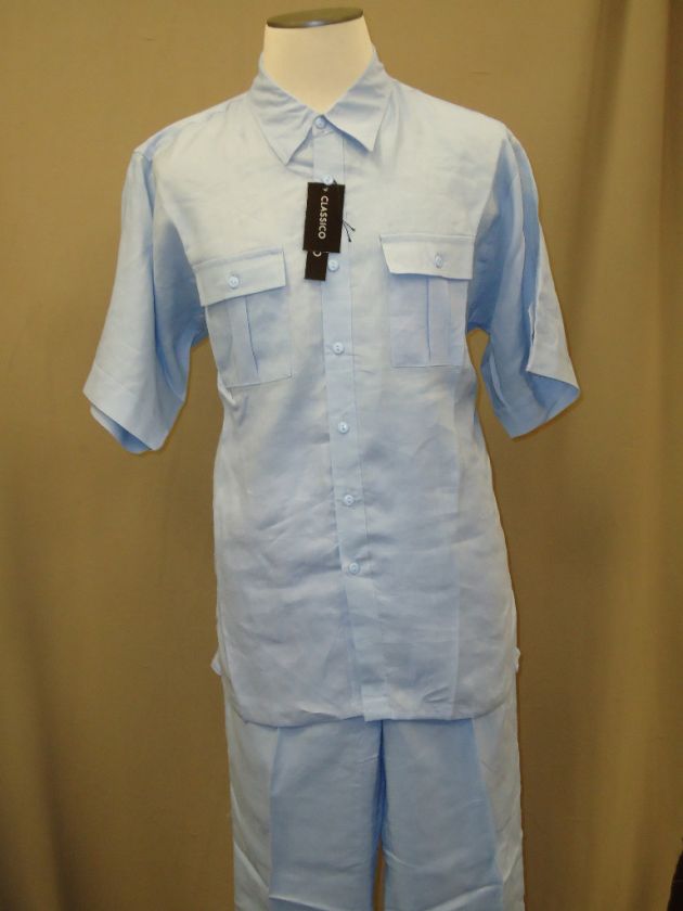 Mens Baby Blue Ramie Linen Walking Leisure 2 Piece Set  