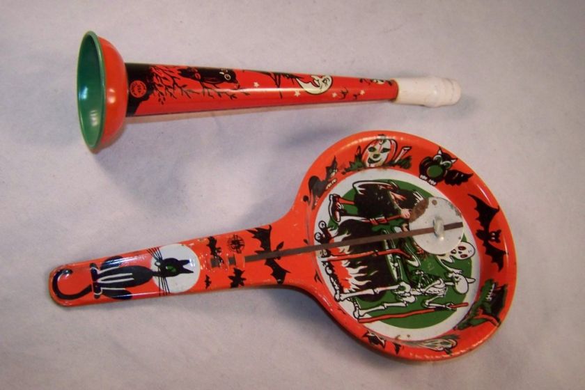 Vintage Halloween Tin Noisemakers Horn & Clanger  