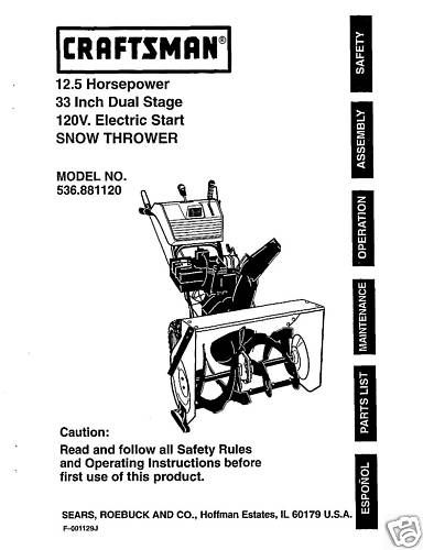  Craftsman Snow Thrower Manual Model 536.881120  