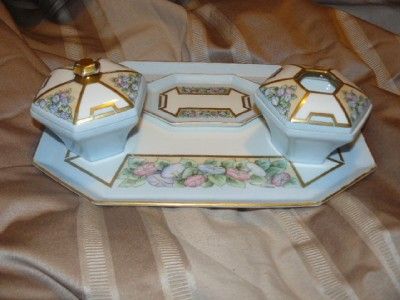   DRESSER SET FRENCH LIMOGE TRAY,HAIR SAVER,POWDER BOX, PIN TRAY  