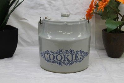   Blue 7 1/2 Pottery Crock Cookie jar w/ Maple Leaf Stamp NICE  