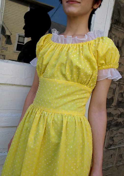 Vintage 60s 70s Yellow Polka Dot puff sleeve babydoll mini DRESS Mod 