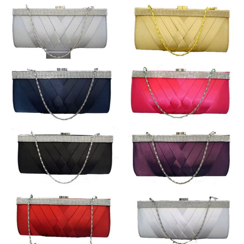 SATIN CRYSTAL DIAMANTE CLUTCH BAG PURSE EVENING BRIDAL PROM HANDBAG 