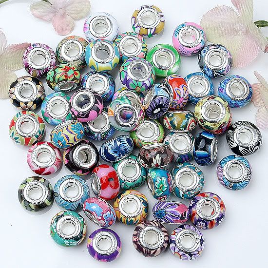 50pc Mix Style Polymer Clay Flower European Charm Bead  
