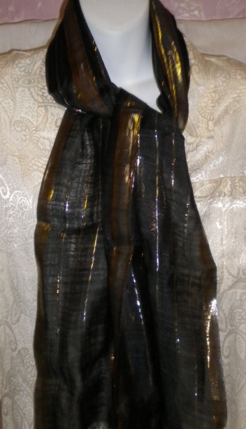 new black silk long scarf gold silver black metallic stripes fringe 