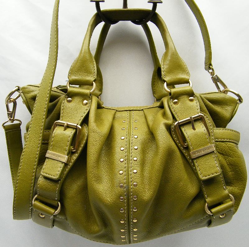 MICHAEL KORS GREEN LEATHER PLEATED STUDDED HOBO PURSE CROSSBODY BAG 