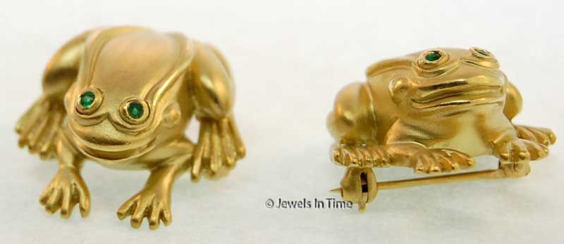 Kieselstein Cord 18k Gold & Emerald Frog Pin Pair  