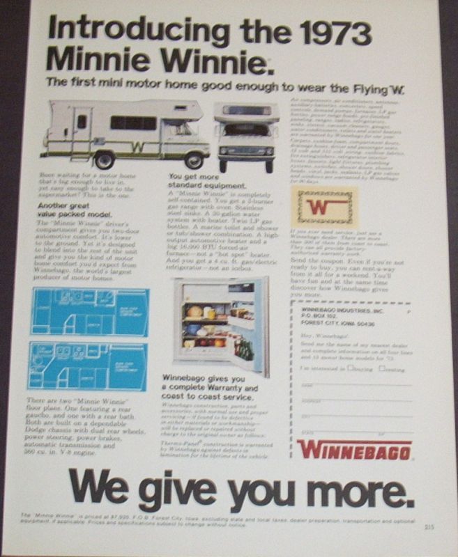 1973 INTRODUCING THE 1973 MINNIE WINNIE CAMPER AD ART  