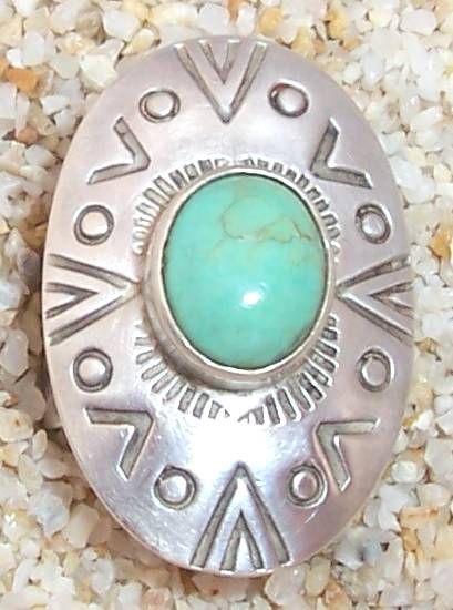 Pollack  Big Sterling Concho Turquoise Ring Sz 5.5  