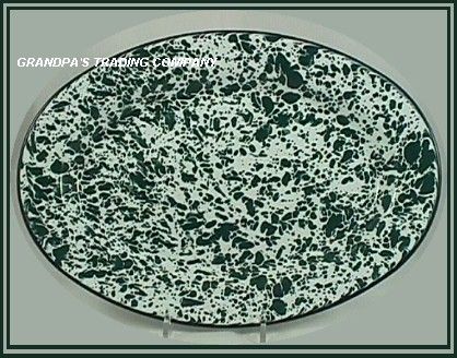GREEN and WHITE Enamelware Oval Steak Plate Platter NEW  