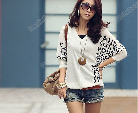   Batwing Dolman Short Sleeve Letter Prints Tops Blouses T Shirts  