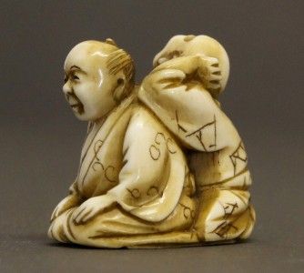 19th C Japanese Carved Ox Bone Kneeling Men Netsuke  