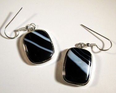 MEXICAN ONYX BANDED AGATE SS DANGLE EARRINGS 1 7/8  