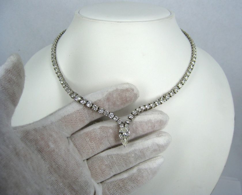 Vintage 20.00ct G H VS Round & Pear Shape Diamond Platinum V Necklace 