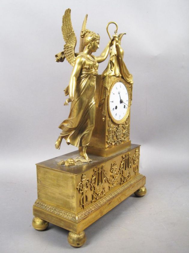   French Early 19c Bronze Dore Empire Ornate Mantle Clock w Angel  